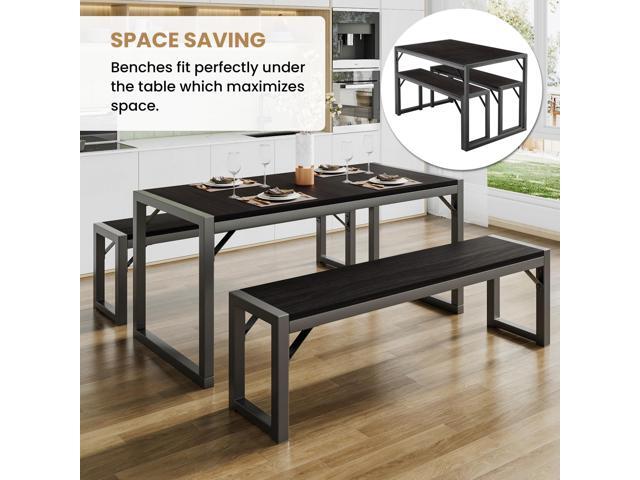 SHA CERLIN Kitchen Dining Table Set for 4 with Benches, Rustic Small Space Saving Dinette, Heavy Duty Metal Frame