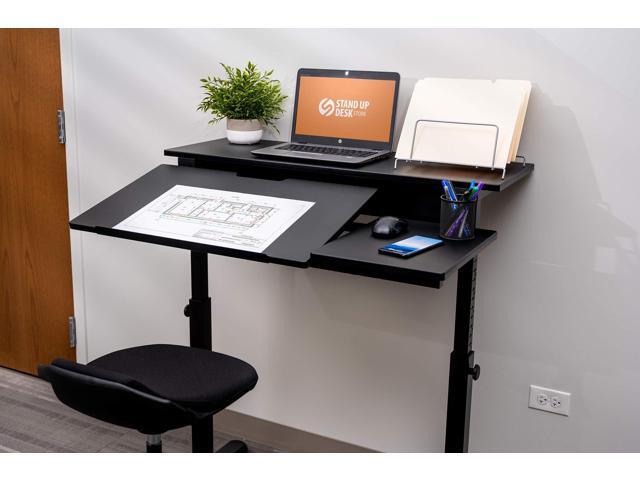 Stand Up Desk Store 40' Manual Adjustable Height Split Level Drafting Table Ergonomic Desk with Monitor Shelf (Black/Black)