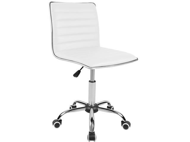 JUMMICO Armless Vanity Office Chair with Wheels, Small Cute Makeup Desk Chair Ribbed Leather Swivel Computer Task Chair (White)