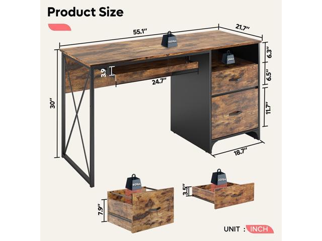 Bestier Office Desk with Drawers, 55 inch Industrial Computer Desk with Storage, Wood Teacher Desk with Keyboard Tray & File Drawer for Home...