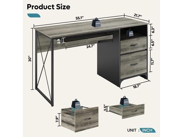 Bestier Office Desk with Drawers, 55 inch Industrial Computer Desk with Storage, Wood Teacher Desk with Keyboard Tray & File Drawer for Home...