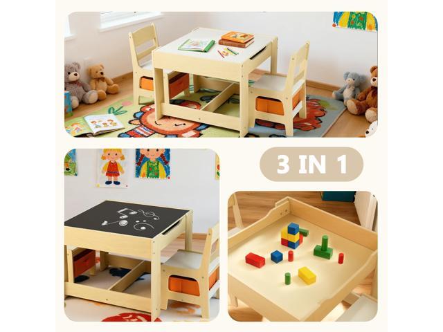 Kinder King Kids Wood Table & 2 Chairs Set, 3 in 1 Children Activity Table w/Storage, Removable Tabletop, Blackboard, 3-Piece Toddler Furniture Set...