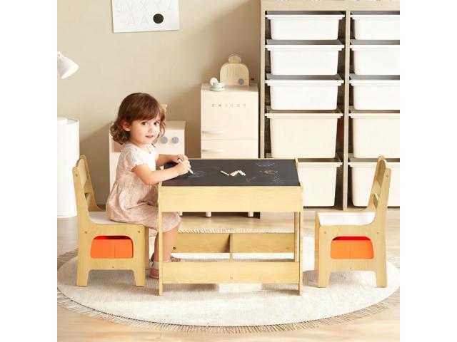 Kinder King Kids Wood Table & 2 Chairs Set, 3 in 1 Children Activity Table w/Storage, Removable Tabletop, Blackboard, 3-Piece Toddler Furniture Set...