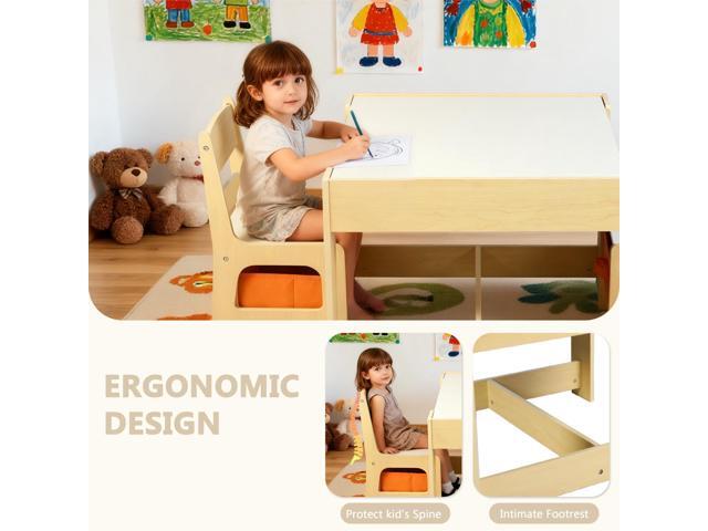 Kinder King Kids Wood Table & 2 Chairs Set, 3 in 1 Children Activity Table w/Storage, Removable Tabletop, Blackboard, 3-Piece Toddler Furniture Set...
