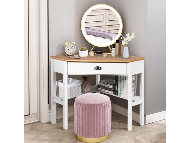 KOTEK Corner Desk with Drawer and Shelves, Wooden Home Office Desk Triangle Computer Desk, Writing Study Desk Computer Workstation, Makeup Vanity...