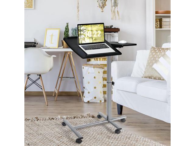 Tangkula Overbed Laptop Desk, Mobile Laptop Stand with Tilting Tabletop, Rolling Height Adjustable Bedside Table with Mouse Pad Cup Holder