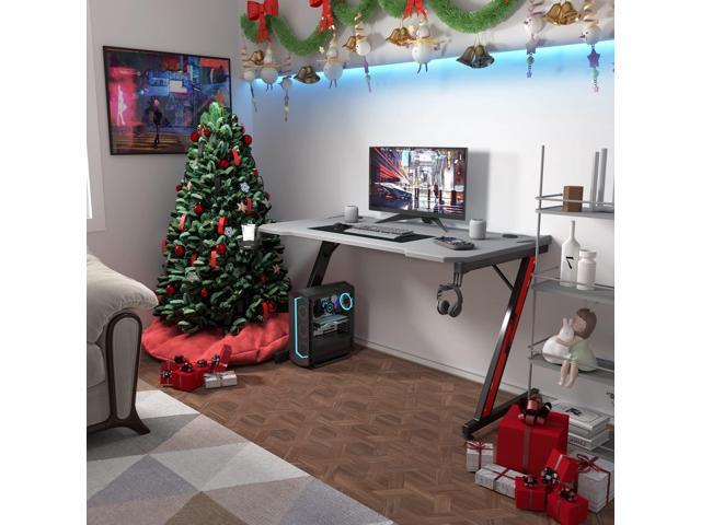 Homall Gaming Computer Desk with Carbon Fiber Surface, Gaming Table Z Shaped Pc Home Office with Cup Holder & Headphone Hook(44 in, Grey)