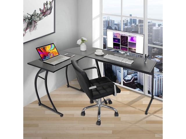 Modern L-Shaped Home Office Desk with Round Corner Computer Desk Gaming Writing PC Laptop Workstation with Solid Steel Frame Desktop (Black)