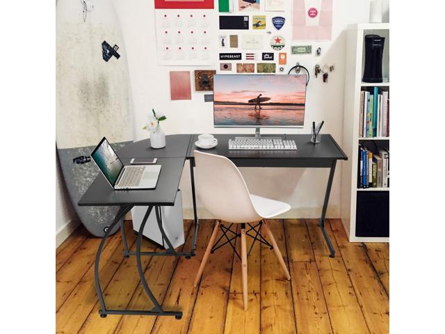 Modern L-Shaped Home Office Desk with Round Corner Computer Desk Gaming Writing PC Laptop Workstation with Solid Steel Frame Desktop (Black)