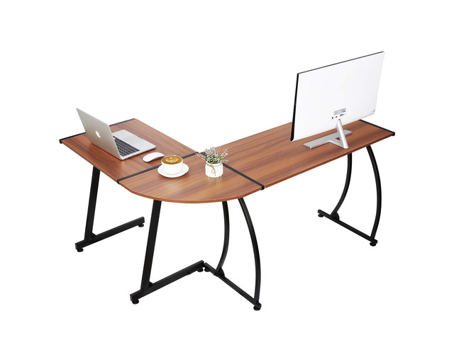 Saicool Modern L-Shaped Home Office Desk with Round Corner Computer Desk Gaming Writing PC Laptop Workstation with Solid Steel Frame Desktop (Walnut)