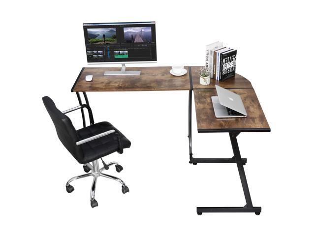 Modern L-Shaped Gaming Desk,Home Office Desk with Round Corner Computer Desk,Study Writing PC Laptop Workstation with Solid Steel Frame Desktop, Brown