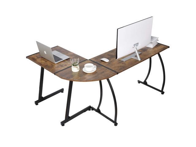 Modern L-Shaped Gaming Desk,Home Office Desk with Round Corner Computer Desk,Study Writing PC Laptop Workstation with Solid Steel Frame Desktop, Brown