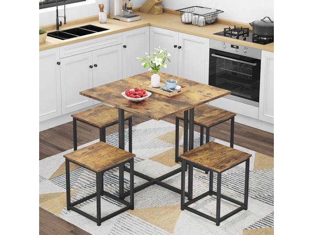Yaheetech Industrial Dining Table Set for 4 Compact Kitchen Table and 4 Stools Space Saving Home Furniture for Small Space, Rustic Brown