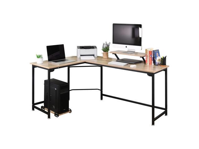 L-Shaped Computer Study Corner Desk with Monitor Stand Shelf CPU Stand, PC Laptop Gaming Desk 66 Workstation for Home Office Writing Table, Wood &...