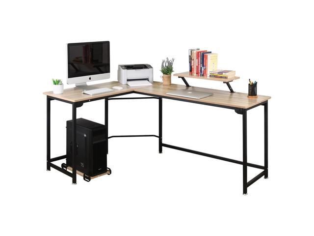 L-Shaped Computer Study Corner Desk with Monitor Stand Shelf CPU Stand, PC Laptop Gaming Desk 66 Workstation for Home Office Writing Table, Wood &...