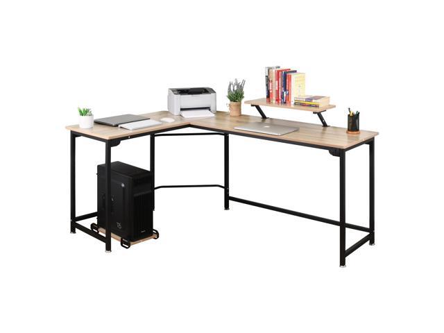L-Shaped Computer Study Corner Desk with Monitor Stand Shelf CPU Stand, PC Laptop Gaming Desk 66 Workstation for Home Office Writing Table, Wood &...
