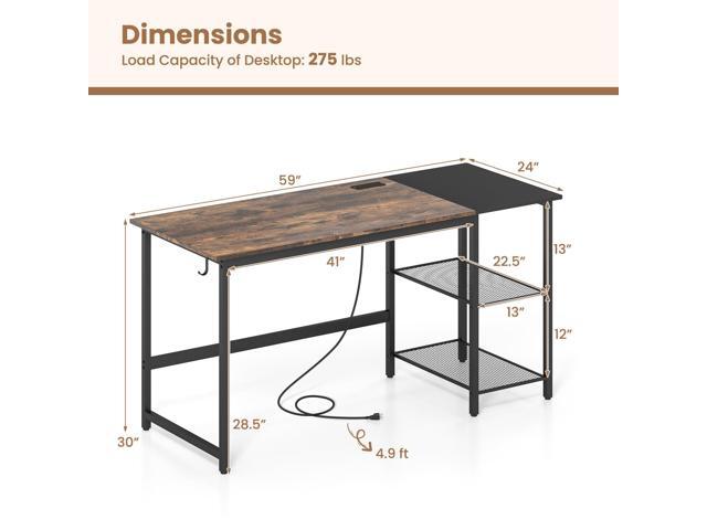 Tangkula 59 Inch Computer Desk with Charging Station, Home Office Desk with Hook & 2 Tier Storage Shelves, Industrial Modern PC Laptop Desk...
