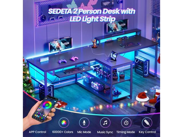 SEDETA 94.5' Office Computer Desk, 2 Person Gaming Desk with Storage, LED Lights, Keyboard Tray, Power Strip with USB & Monitor Stand, Long Two...