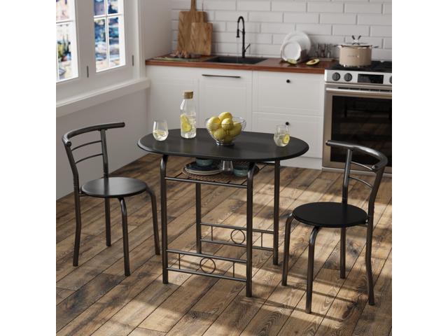 JUMMICO 3-Piece Wooden Round Table & Chair Set, Space Saving Kitchen Breakfast Nook Wood Grain Tabletop with Metal Frame and Built-in Wine Rack for...