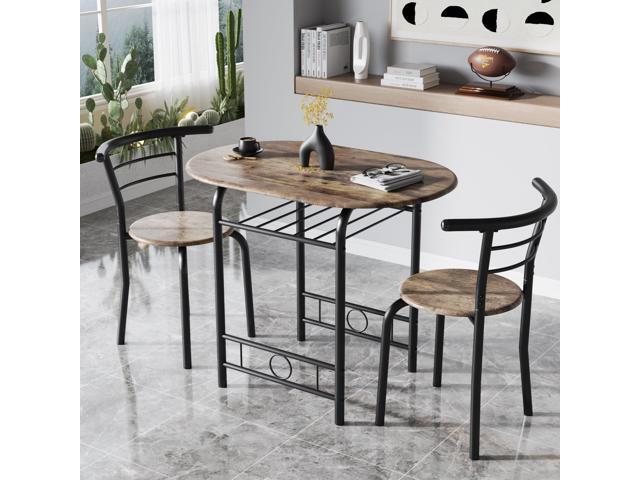 JUMMICO 3-Piece Wooden Round Table & Chair Set, Space Saving Kitchen Breakfast Nook Wood Grain Tabletop with Metal Frame and Built-in Wine Rack for...