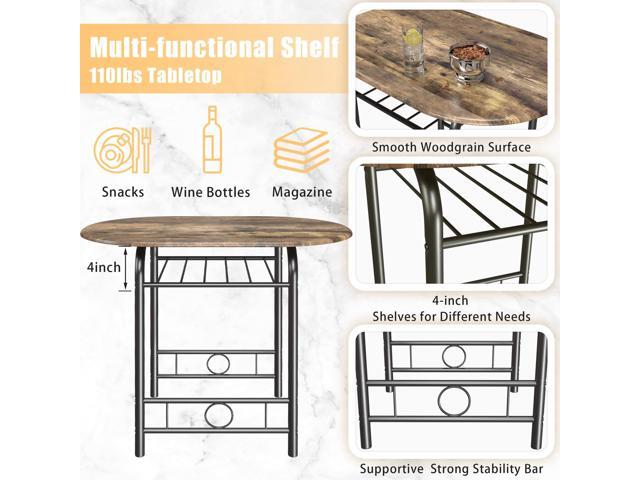 JUMMICO 3-Piece Wooden Round Table & Chair Set, Space Saving Kitchen Breakfast Nook Wood Grain Tabletop with Metal Frame and Built-in Wine Rack for...