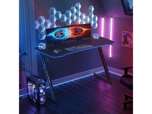 Z-Shaped Gaming Computer Desk - 47' Large Gaming Table with Carbon Fiber Surface, Sturdy Metal Frame, Blue