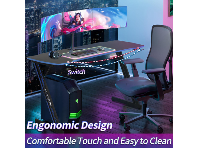 Z-Shaped Gaming Computer Desk - 47' Large Gaming Table with Carbon Fiber Surface, Sturdy Metal Frame, Blue