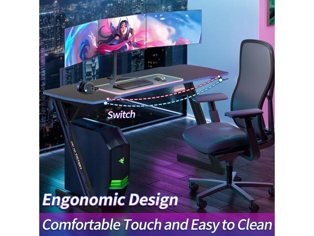 39 in Gaming Desk With Hook - Z-Shaped Computer Table for Home Office, Small Places - Carbon Fiber Surface, Simple Installation, Blue
