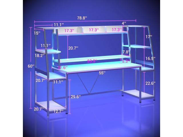 SEDETA White Gaming Desk 78.8'' with LED Lights, Hutch and Storage Shelves, Computer Desk with Monitor Stand, Large PC Gamer Desk Workstation,...