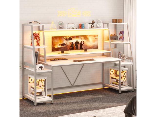 SEDETA White Gaming Desk 78.8'' with LED Lights, Hutch and Storage Shelves, Computer Desk with Monitor Stand, Large PC Gamer Desk Workstation,...