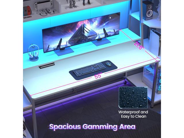 SEDETA White Gaming Desk 78.8'' with LED Lights, Hutch and Storage Shelves, Computer Desk with Monitor Stand, Large PC Gamer Desk Workstation,...