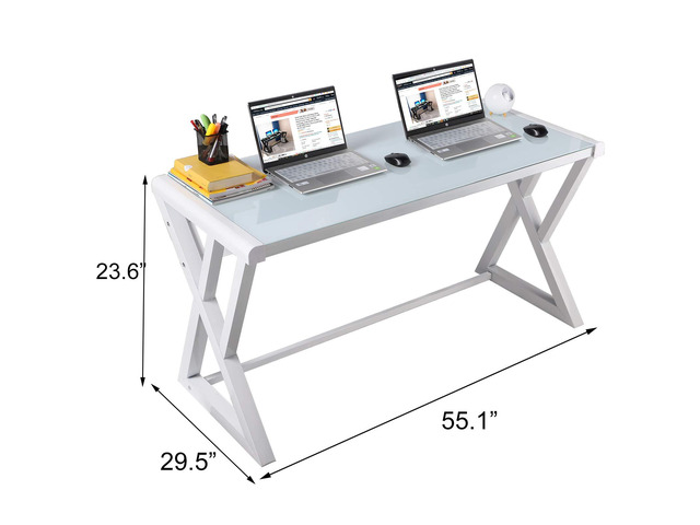 SAMERY Computer Desk & Gaming Desk, Home Office Desks 55.1 Inch- Modern Simple Writing Study White Glass Computer Desk Space-Saving Multipurpose...
