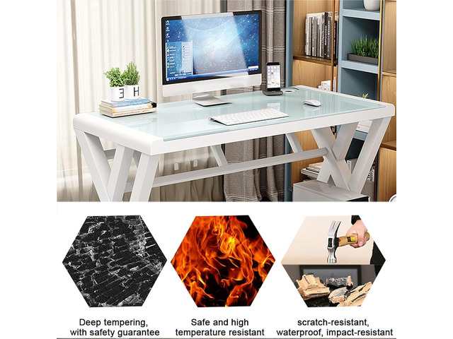 SAMERY Computer Desk & Gaming Desk, Home Office Desks 55.1 Inch- Modern Simple Writing Study White Glass Computer Desk Space-Saving Multipurpose...