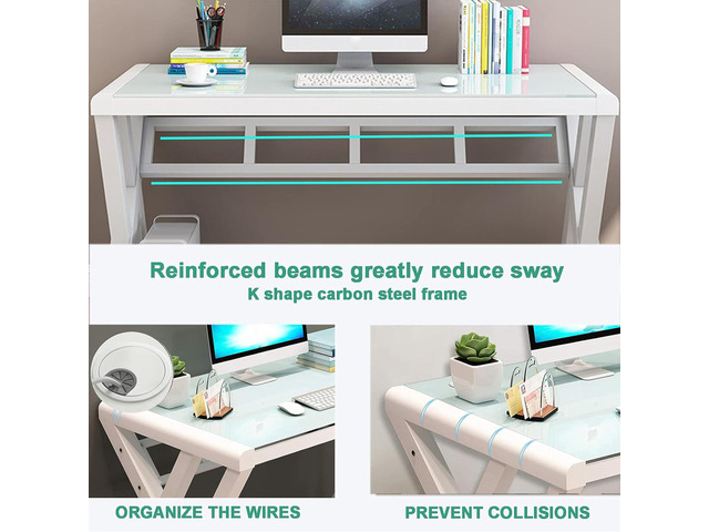 SAMERY Computer Desk & Gaming Desk, Home Office Desks 55.1 Inch- Modern Simple Writing Study White Glass Computer Desk Space-Saving Multipurpose...