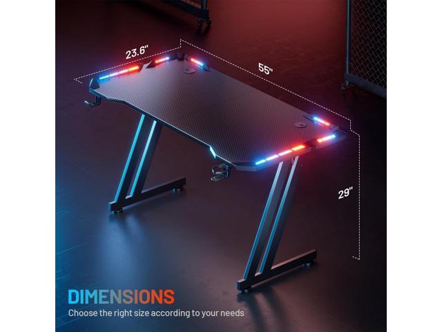 HLDIRECT 55 Inch Gaming Desk with LED Lights Carbon Fibre Surface Gaming Table Large Computer Desk Ergonomic Home Office Desks Z Shaped PC Gamer...