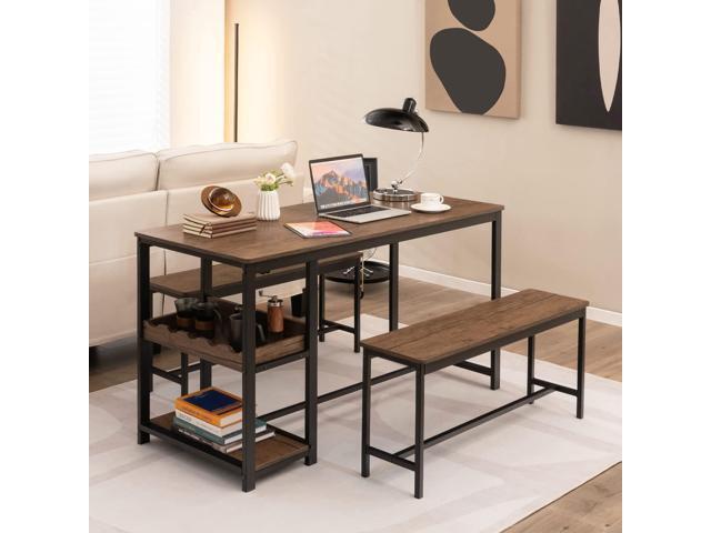 Giantex Dining Table Set for 4, 3-Piece 55' L Kitchen Table Set w/ 2 Benches, Breakfast Table w/ 5-Bottle Wine Rack & Glass Holder, Space-Saving...
