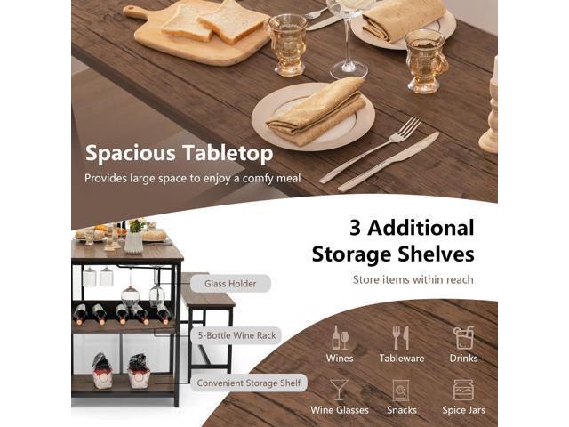Giantex Dining Table Set for 4, 3-Piece 55' L Kitchen Table Set w/ 2 Benches, Breakfast Table w/ 5-Bottle Wine Rack & Glass Holder, Space-Saving...