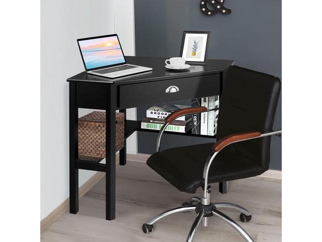 LDAILY Small Corner Desk, Triangle Makeup Vanity Desk for Small Space, Compact Writing Desk with Storage Shelves & Drawer, Space Saving Corner...
