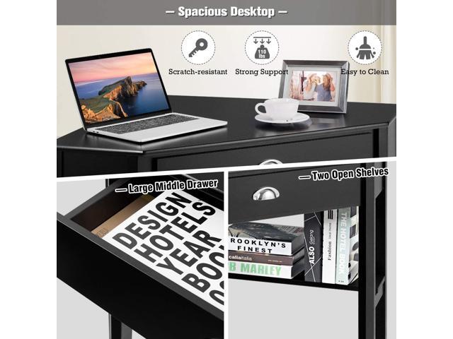 LDAILY Small Corner Desk, Triangle Makeup Vanity Desk for Small Space, Compact Writing Desk with Storage Shelves & Drawer, Space Saving Corner...