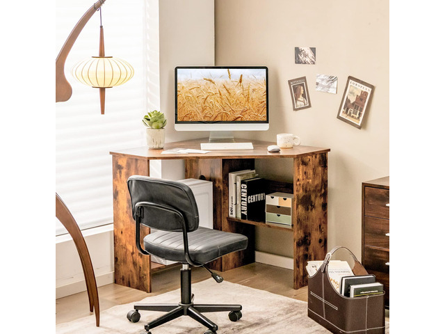 Tangkula Corner Desk, 90 Degrees Triangle Computer Desk for Small Space, Bedroom Makeup Vanity Desk with Storage Shelves & CPU Stand, Space Saving