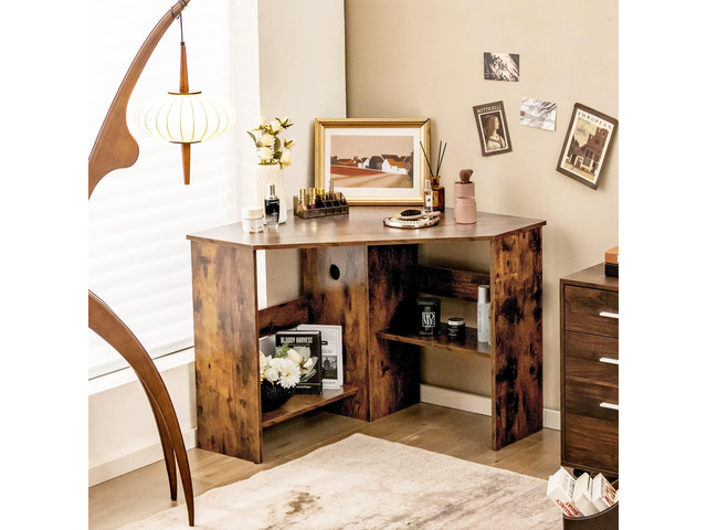 Tangkula Corner Desk, 90 Degrees Triangle Computer Desk for Small Space, Bedroom Makeup Vanity Desk with Storage Shelves & CPU Stand, Space Saving