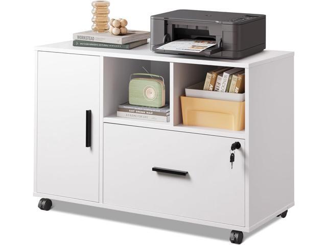 DEVAISE Office File Cabinet with Lock, 1-Drawer Wood Lateral Filing Cabinet on Wheels, Printer Stand with Open Storage Shelves for Home Office, White