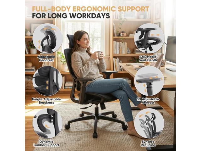 Magshion Ergonomic Office Chair, High Back Desk Chair with Adjustable Headrest, 3D Armrests, Tilt Lock and Lumbar Support, Mesh Computer Chair for...