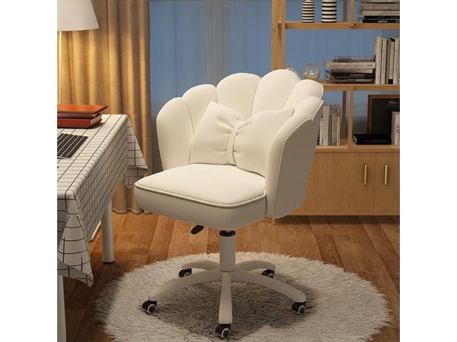 Petal Desk Chair with Bow Cushion Velvet Vanity Chair with Wheels, Upholstered Home Office Chair for Girls Women, Mid-Back Swivel Computer Task...