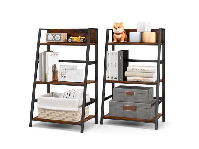 Tangkula 3-Tier Ladder Bookshelf, Industrial Wooden Bookcase w/Metal Frame, Anti-Toppling Device, Freestanding Display Shelf Plant Stand, Storage...