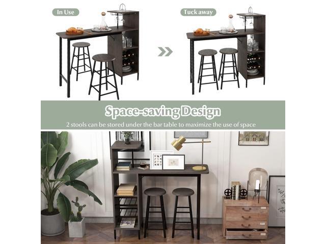 Giantex 3 Pieces Bar Table and Stools Set, Bistro Table Set with Glass Holder, 2 Tier Wine Rack & Storage Shelves, Kitchen Counter Table with 2...