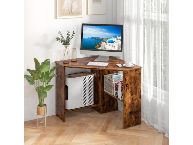 Corner Computer Desk, 90 Degrees Triangle Desk w/Shelves & CPU Stand, Compact Vanity Makeup Table with Storage, Corner Desks for Small Spaces...