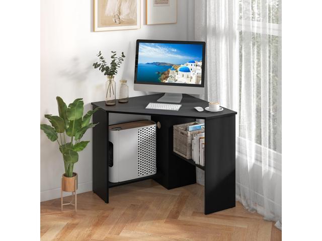 Corner Computer Desk, 90 Degrees Triangle Desk w/Shelves & CPU Stand, Compact Vanity Makeup Table with Storage, Corner Desks for Small Spaces...