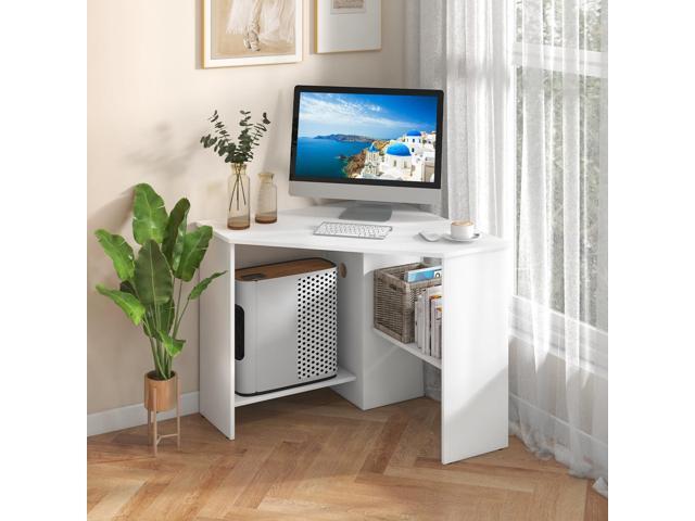 Corner Computer Desk, 90 Degrees Triangle Desk w/Shelves & CPU Stand, Compact Vanity Makeup Table with Storage, Corner Desks for Small Spaces...