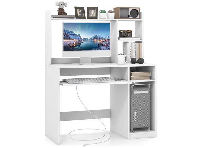 COSTWAY White Modern Large Computer Desk with Storage Shelf, Office Desk with Hutch, CPU Stand & Keyboard Tray, Home PC Desk with Bookshelf, for...